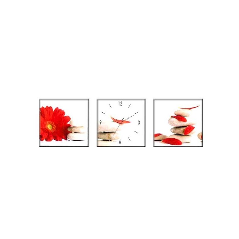 TRIPTYQUE HORLOGE - 30X30 FLEUR ET PIERRES Pile incluse